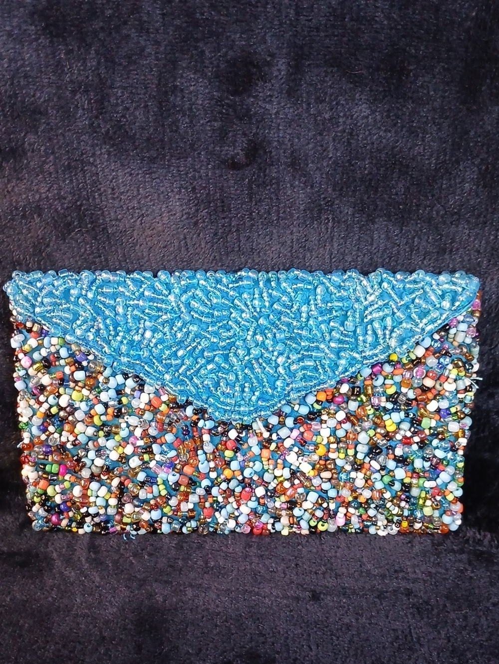 Multicolor Beaded Envelope Clutch with Sky Blue Flap